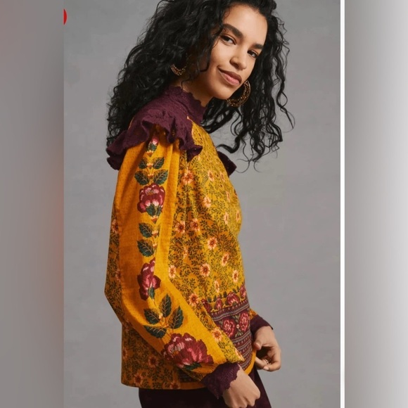 FARM Rio Tops - Farm Rio 100% cotton floral print lace bodice/collar ruffle floral print top.